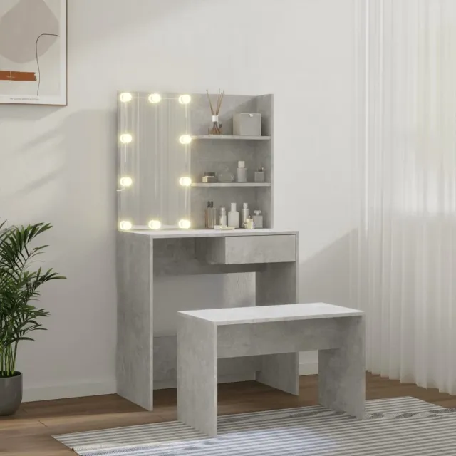 GranMaison Kaptafel met spiegel en verlichting - Make up tafel - Make up - Toilettafel -Met lades - Bankje - 74,5 x 40 x 141 cm - Betongrijs