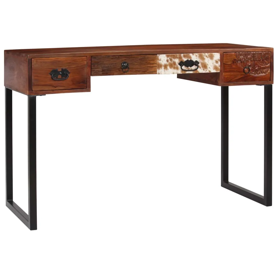vidaXL Bureau 117x50x76 cm massief acaciahout en echt leer bruin, foto 4