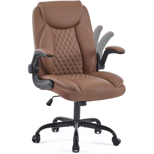 STILVORA Bureaustoel Ergonomisch 64 X 64 X 102 Cm Met Hoofdsteun Opklapbare Armleuningen Wielen Leer Bruin Brown