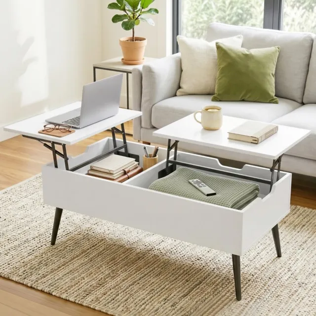 STILVORA Salontafel Hoogte Verstelbaar Met Verborgen Opbergruimte Voor Woonkamer Wit Hout 100x50x58 Cm White
