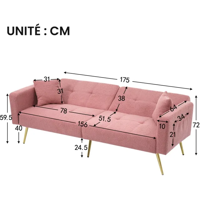 MODENUIT Slaapbank 175 x 64 x 72 cm - Verstelbare Rugleuning, Zijvakken - Voor Woonkamer En Logeerkamer - Sherpa Roze
