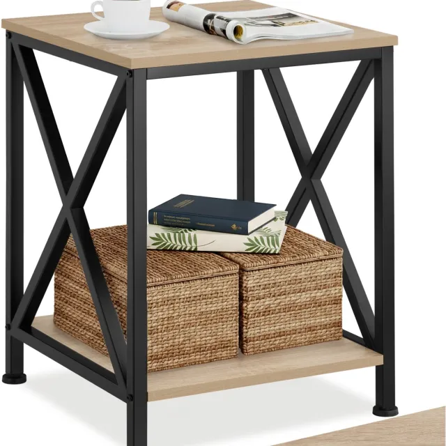 Tectake Bijzettafel met 2 Niveaus – Nachtkastje van Hout en Metaal, X-Vormige Spijlen, Industrieel Design, Vintage Salontafel, Zwart Metalen Frame – Licht Sonoma Eiken Lichtbruin - Eiken Sonoma