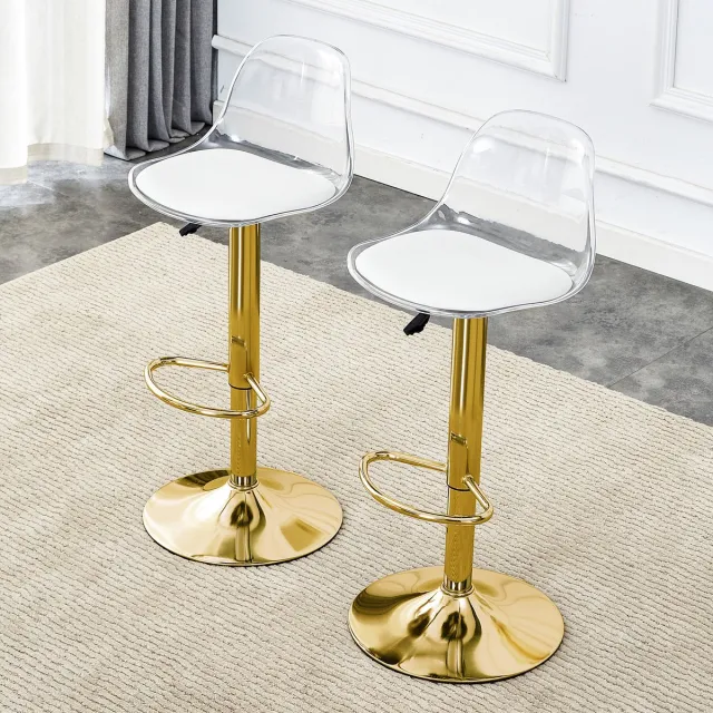 HAUSS SPOLE Barkruk 82 104 Cm - Set Van 2 - In Hoogte Verstelbaar En 360 Graden Draaibaar - Met Rugleuning - Metaal Kunststof - Goud Transparant Wit