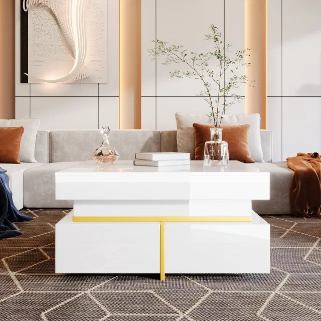 Wishdor Salontafel Hoogglans Wit met Gouden Accenten, 2 Laden, 70×70×35,5 cm, Compact & Functioneel