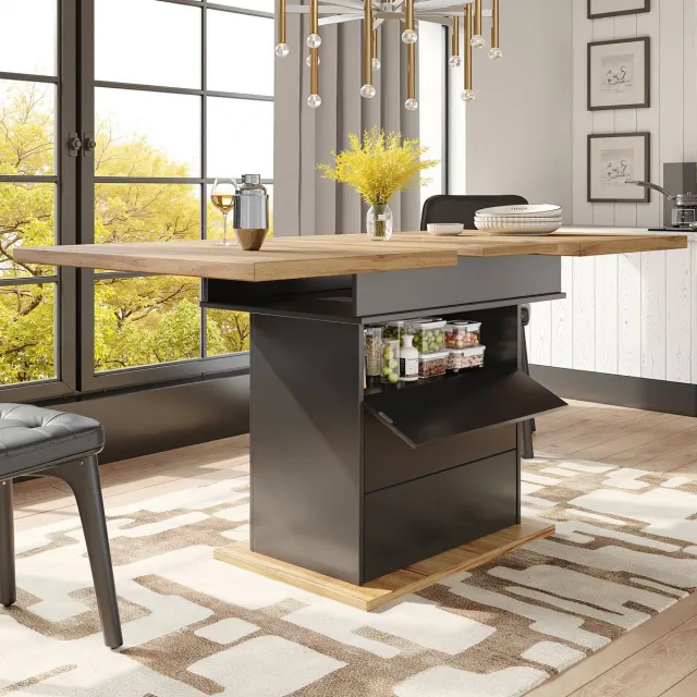 REDOM Eettafel 110-140*80*75cm, rechthoekig van MDF, uitschuifbaar met verborgen opbergruimte, zwart/naturel Natuurlijk+Zwart