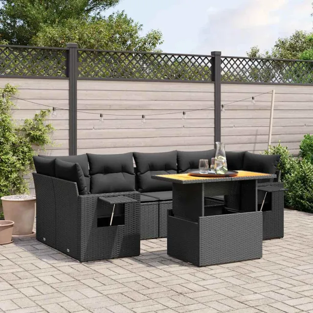 vidaXL 7-delige Loungeset met kussens poly rattan zwart, foto 2