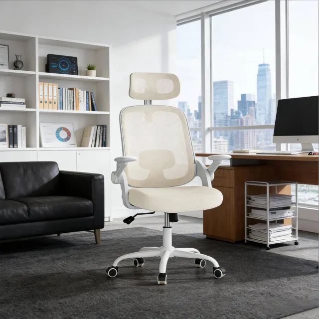 REDOM Bureaustoel - Ergonomisch met hoge rugleuning - 3D-verstelbare armleuningen - Met hoofdsteun en wielen - Mesh - Beige - 63,5 x 47 x 117,5 cm