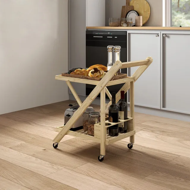 FloraGrace Keukenwagen Opklapbaar – 66 x 40 x 70 Cm – Bamboe – Natuurkleurig – Met Wielen Wijnrek Twee Planken En Werkblad Voor Keuken En Woonkamer Naturel houtkleur