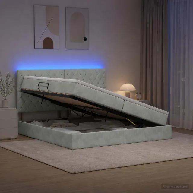 vidaXL LED Opslagbed met Matras Lichtgrijs 200 x 200 cm Fluweel