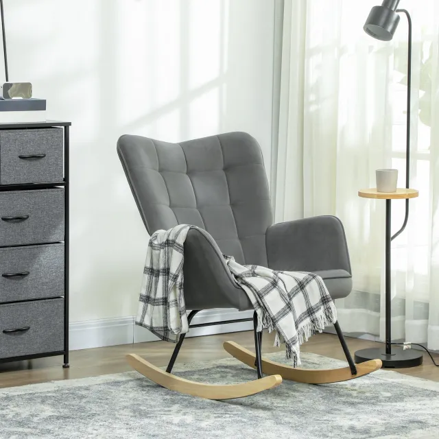OKWISH Schommelstoel 71 x 98 x 101 cm - Zacht Schommelen met Hoge Rugleuning en Armleuningen - Woonkamer en Slaapkamer - Polyester - Donkergrijs