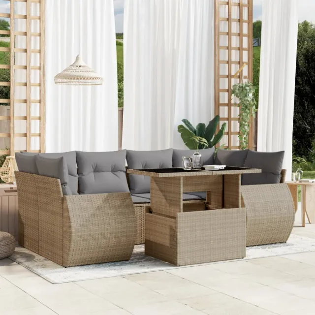 vidaXL 7-delige Loungeset met kussens poly rattan beige, foto 2