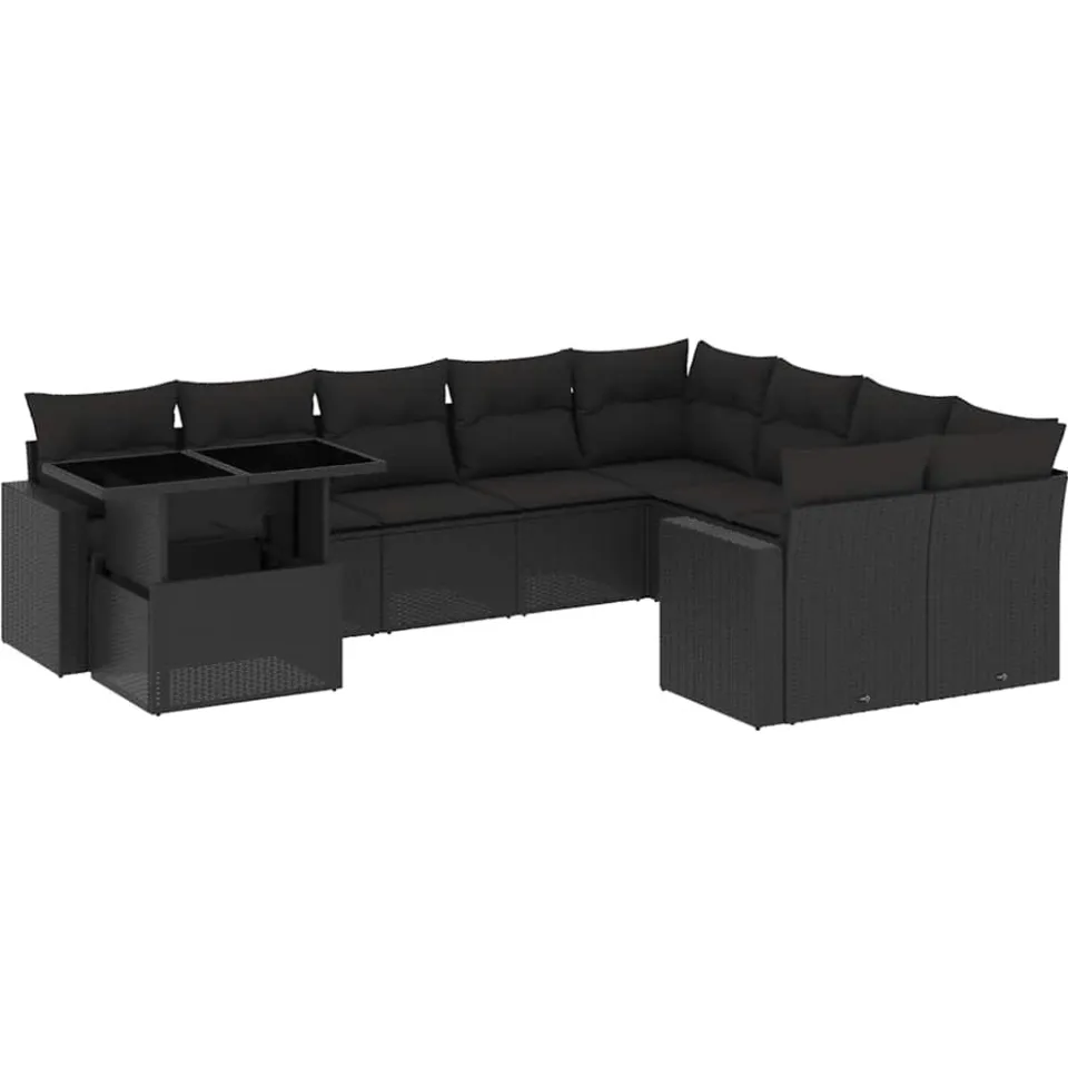 vidaXL 10-delige Loungeset met kussens poly rattan zwart, foto 3