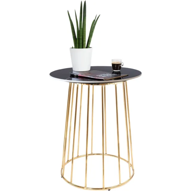 Casamoda Bijzettafel - Salontafel - Gouden Frame - Marmer - Stenen Tafelblad Rond - Zijtafel - L60 x B60 x H70 cm - Zwart