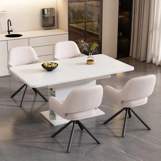 Zubaliya Eettafel Met 4 Stoelen Set - Uitschuifbare Eettafel Met Opbergruimte - Witte Tafel Met Bouclé Stoelen