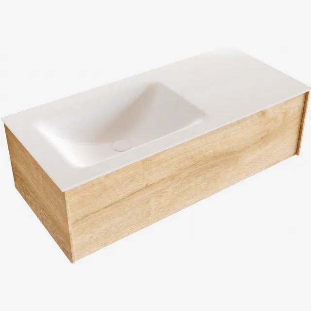 Boss & Wessing Badkamermeubel BWS Madrid Washed Oak 100x45x30 cm Mat Witte Solid Surface Wastafel Links (0 kraangaten)