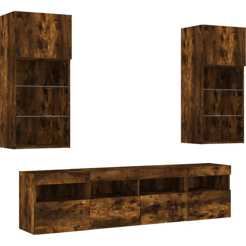 vidaXL 5-delige tv-wandmeubelset met LED bewerkt hout gerookt eiken, foto 4