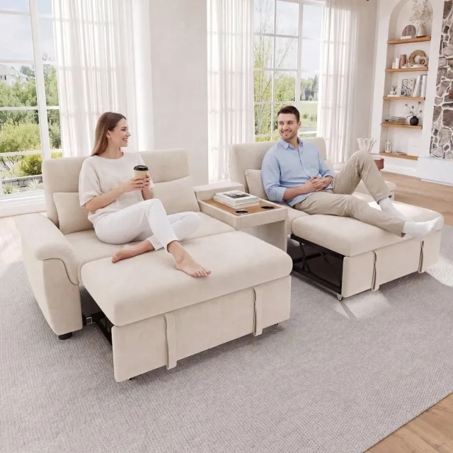 VVBV Slaapbank – Bedbank van Chenille met Opbergruimte – Modern Design – Massief Hout – Voor Woonkamer – Multifunctioneel – Beige