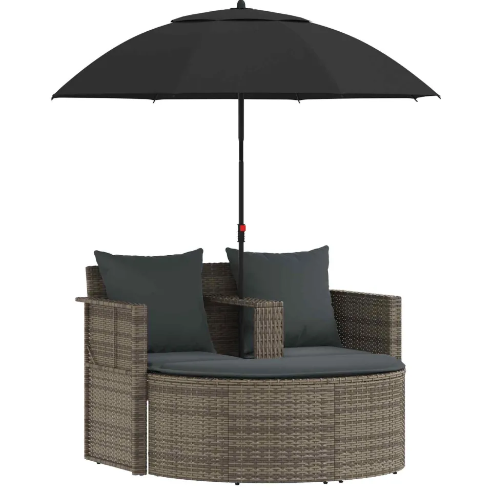 vidaXL Tuinbank 2-zits met kussens en parasol poly rattan grijs