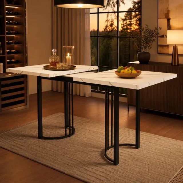 Maisentiel Uitschuifbare eettafel 140-179,5 x 80 cm - MDF marmerlook - wit/zwart