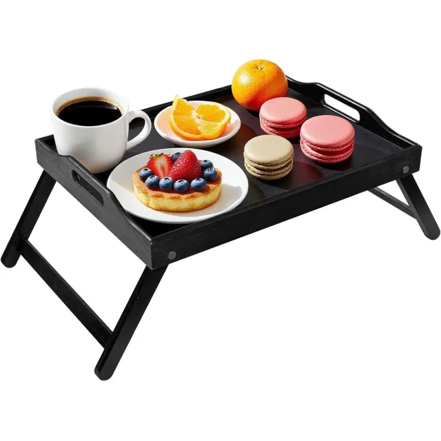 AIMASON Opvouwbare bedtafel van hout - zwart dienblad met handgrepen en inklapbare poten - compacte ontbijttafel voor bed, bank en laptopgebruik - zwart