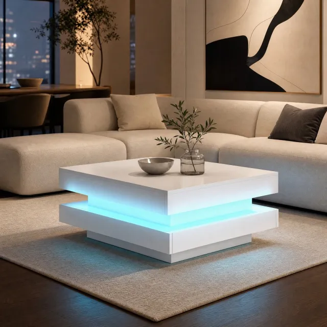 CHICFURN Salontafel - LED-verlichting met Bluetooth-app - Vierkant - Wit