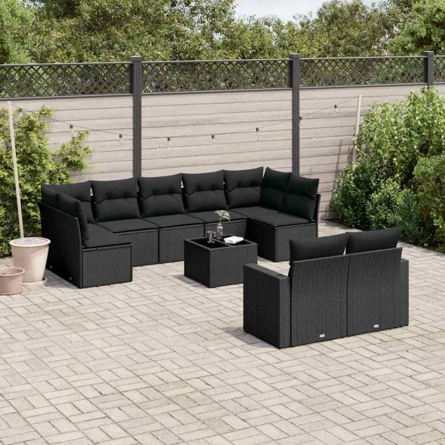 vidaXL 10-delige Loungeset met kussens poly rattan zwart, foto 2