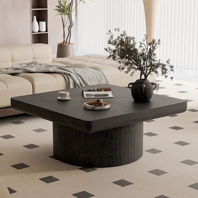MEUNIQ Vierkante salontafel 78 x 78 x 38 cm met zwart fineerlook tafelblad in parketpatroon, 8 cm dik blad en cilindrische voet voor de woonkamer