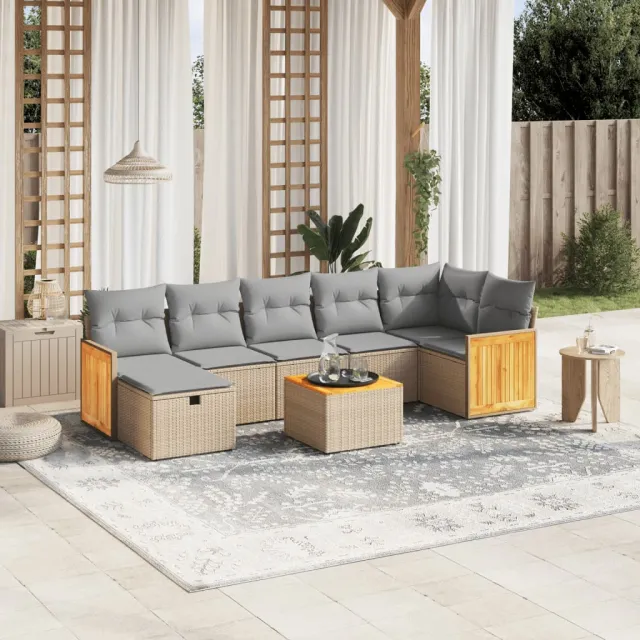 vidaXL 8-delige Loungeset met kussens poly rattan gemengd beige, foto 2