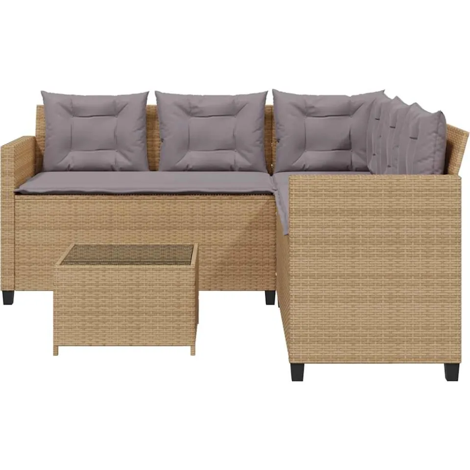 vidaXL Tuinbank met tafel en kussens L-vormig poly rattan beige, foto 3