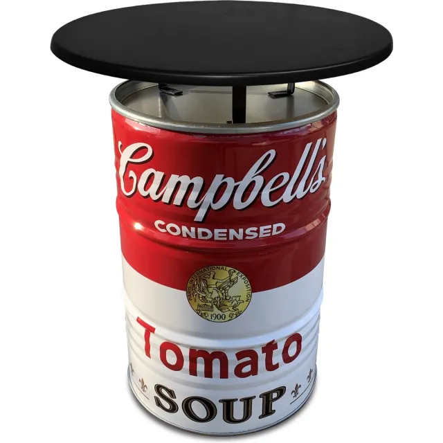 Barrelkings Statafel Campbell's Soup Design - Metaal Olievat - Ø80x105 cm - 200L - Zwart Tafelblad - Industrieel Retro Wit