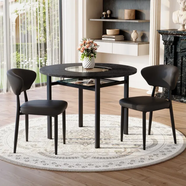 MODFU Ronde Eethoekset - Met 2 Stoelen En Glazen Inzet - Minimalistisch - Voor Eetkamer Of Woonkamer - MDF En Metaal - Zwart - 100 Cm