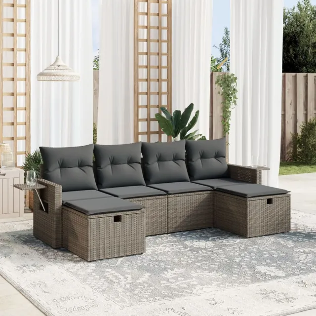 vidaXL 6-delige Loungeset met kussens poly rattan grijs, foto 2