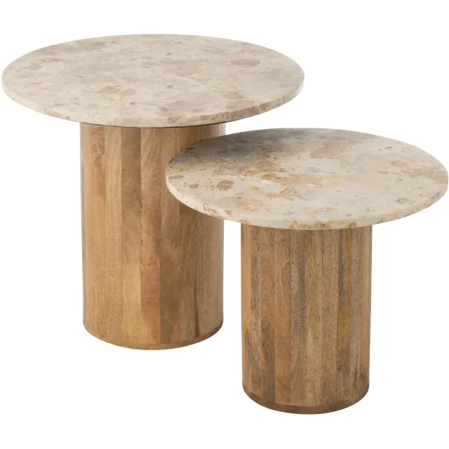 J-Line bijzettafel Rond Marmer - hout - beige/bruin - set van 2