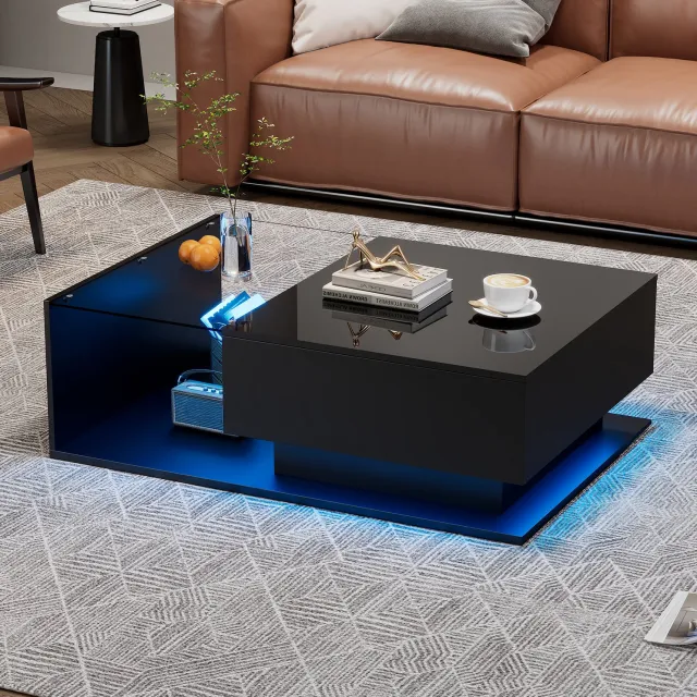 Maisentiel Salontafel 100 x 50 x 32 cm met LED, lade, glasplaat, spaanplaat - hoogglans zwart