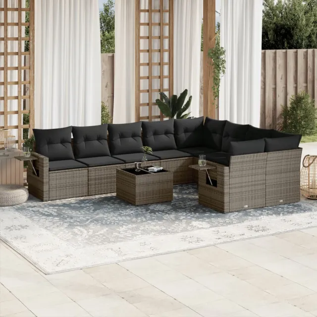 vidaXL 10-delige Loungeset met kussens poly rattan grijs, foto 2
