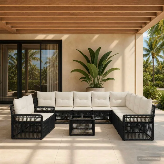 vidaXL Tuinbankenset 11 st 10-zits Zwart poly rattan