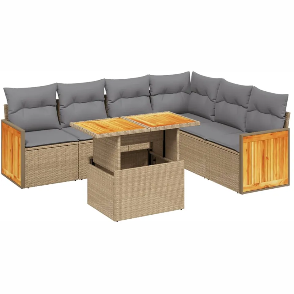 vidaXL 7-delige Loungeset met kussens poly rattan beige, foto 3