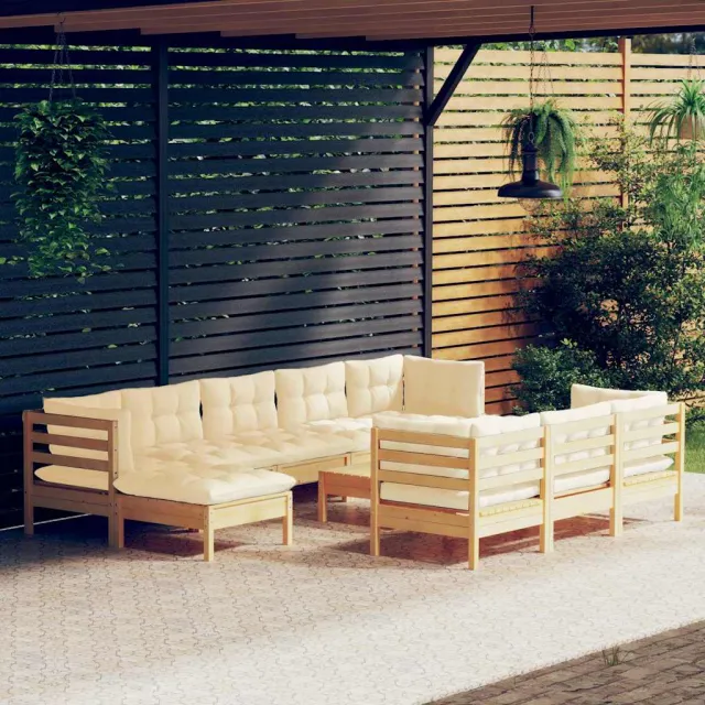 vidaXL 11-delige Loungeset met crèmekleurig kussens massief grenenhout, foto 2