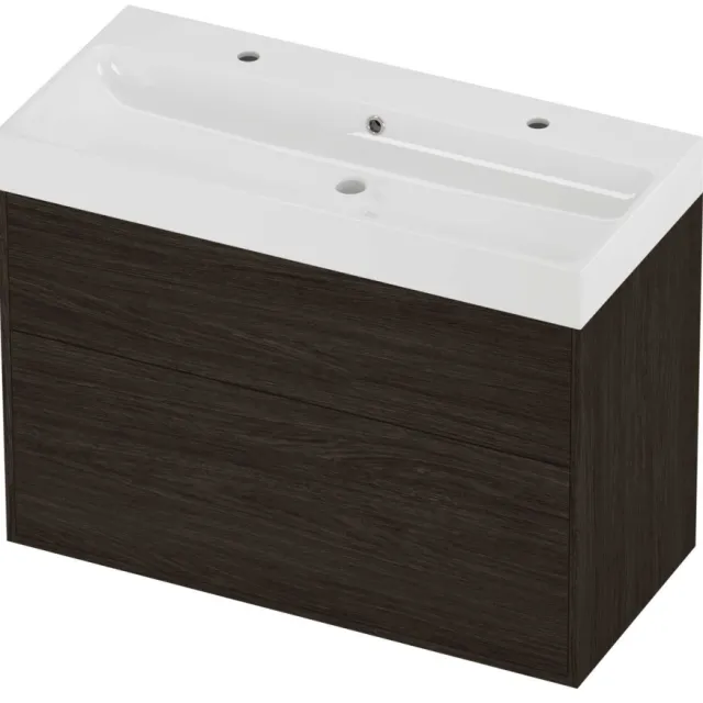 Proline Podium Badmeubelset Polystone Loft 2 Kraangaten 100x46x75 cm Glans Wit Mokka Oak Eiken
