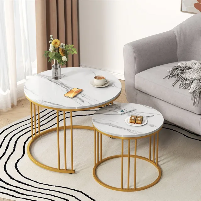 Danky Ronde Salontafel Set van 2 - Wit Marmerlook Blad - Gouden Metalen Frame - Compact 60 x 60 x 40 cm
