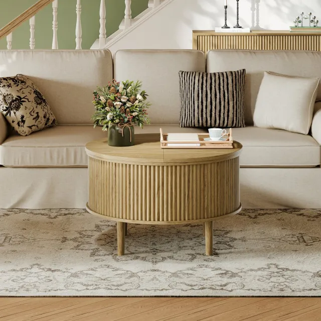 MODFU Salontafel - Hoogteverstelbaar En Opklapbaar - Rond - Naturel - 80 X 80 X 50 Cm