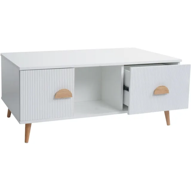 MCW Salontafel MCW-N89, bijzettafel sofatafel, laden deuren vakken 3D design melamine hout, 43x100x60cm ~ wit