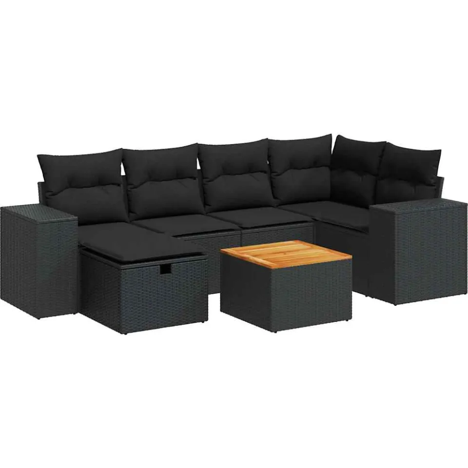 vidaXL 7-delige Loungeset met kussens poly rattan zwart, foto 3