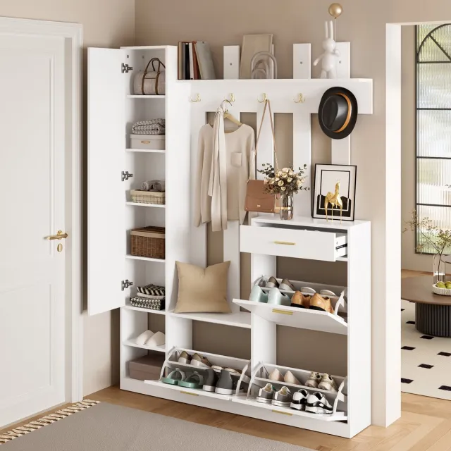 Merax Kledingkastset met spiegel - 133x23,5x180 cm - 3 klapdeurtjes voor schoenen - 1 lade en meerdere haken - halgarderobe - wit
