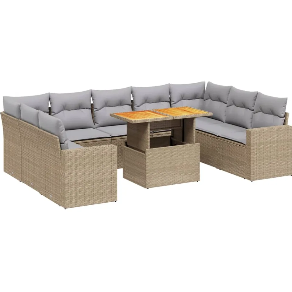 vidaXL 10-delige Loungeset met kussens poly rattan beige, foto 3