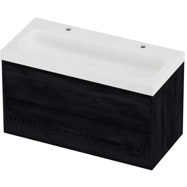 Proline Haga Badmeubelset Polystone Mezza 2 Kraangaten Greeploos 100x46x58 cm Mat White Black Oak Eiken