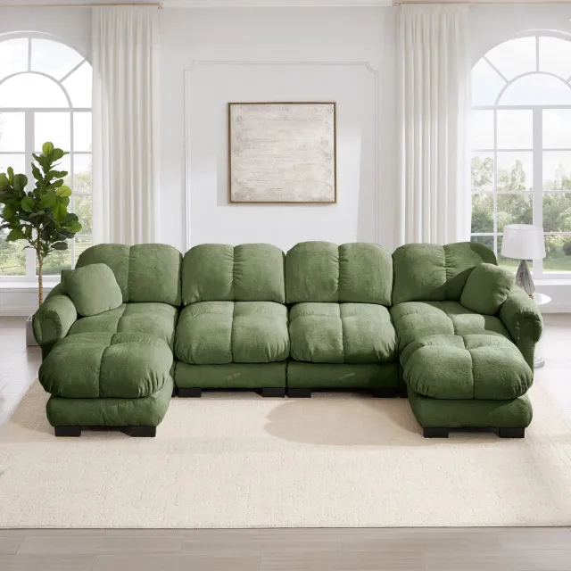 MIVRAY U-Bank 4-Zits - Modulaire Hoekbank Met 2 Verplaatsbare Ottomanen En Ergonomische Rugleuning - Voor Woonkamer - Chenille Groen
