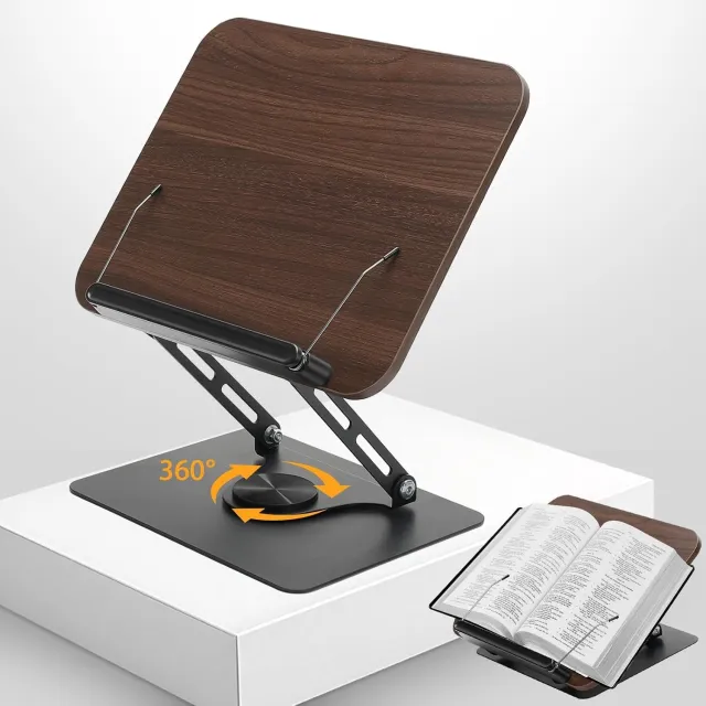 COOAU Boekenstandaard - Tabletstandaard - Leesstandaard - Houten Tafelblad - Draait 360 Graden - Antislipbasis - Opvouwbaar - Bruin