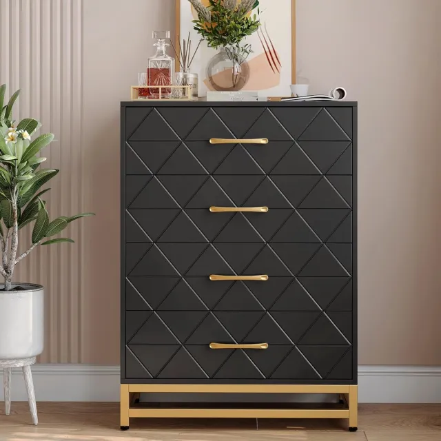 Danky Ladekast met 4 Laden - Moderne Commode - Zwart met Gouden Handgrepen - Nachtkastje & Opbergkast voor Slaapkamer & Woonkamer - Elegant Design