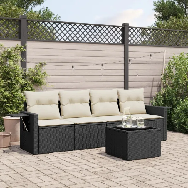 vidaXL 5-delige Loungeset met kussens poly rattan zwart, foto 2